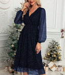 Glamorous Midi Dress with Sheer Puff Sleeves and Sequin Design