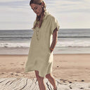Chic Women's Beach Shirt Dress with Button Placket & Pockets