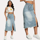 Chic Asymmetrical Denim Midi Skirt with Fringed Hem