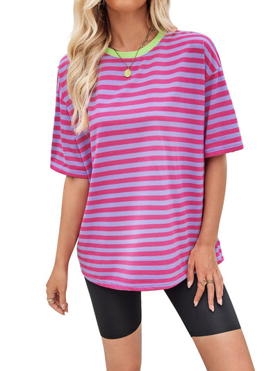 Women's Striped Oversized Round Neck Tee with Contrast Accents