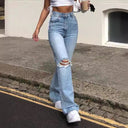 Trendy High-Waist Flared Jeans with Chic Ripped Accents
