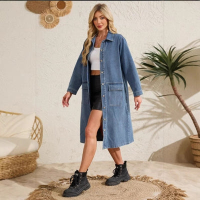 Chic Women's Denim Shirt Dress with Utility Pockets