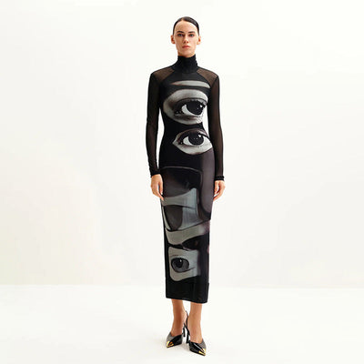 Chic Graphic Long Sleeve Maxi Dress with High Neck