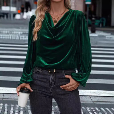 Chic Velvety Blouse with Draped Neckline for Women