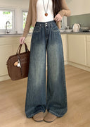 Chic High-Waist Wide Leg Jeans with Button Accent and Modern Pockets