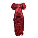 Chic Women's Wrap Dress with Puff Sleeves & Draped Design