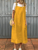 Women’s Linen Dungaree Dress with Side Pockets and Adjustable Straps