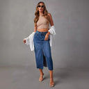 Chic Women's Denim Skirt with Side Slit and Frayed Hem
