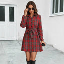 Checked Pattern Women's Shirt Dress with Adjustable Belt
