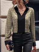 Chic Women's V-Neck Blouse with Trendy Pattern Mix