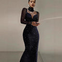 Chic Evening Dress with Sheer Sleeves & Star Accents