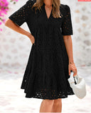V-Neck Broderie Anglaise Dress with Ruffled Hem