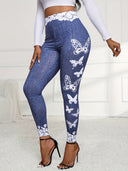 Floral Lace Waistband Leggings with Butterfly Design