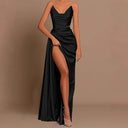 Chic Long Sleeve Maxi Dress with High Slit and Draped Design