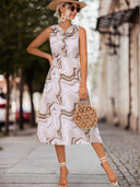 Women's Midi Dress with Modern Wave Pattern and Stand-Up Collar
