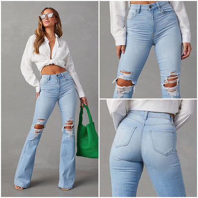 High-Waisted Flared Jeans with Ripped Design