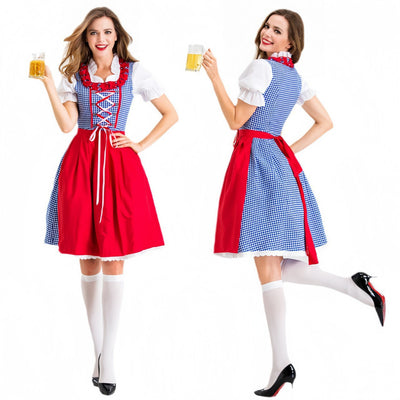Traditional Check Pattern Dirndl Dress with Apron