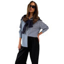Striped Women's Blouse with Rounded Hem and Button Closure