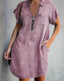 Chic Women's Denim Shirt Dress with Pockets & Modern Zipper