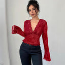 Women's Lace Top with Deep V-Neck & Ruffle Accents