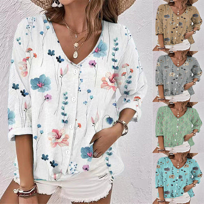 Floral Print Women's Blouse with Stylish Button Accents