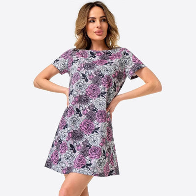 Floral Mini Dress for Women - Cotton Round Neck Design