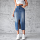 Trendy Women's High Slit Denim Skirt with Frayed Hem