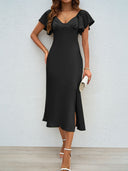 Chic V-Neck Midi Dress with Ruffle Accents