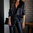 Chic Silk Blouse with Deep V-Neck & Drop-Shoulder Design
