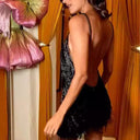 Glamorous Sequin Mini Dress with V-Neck and Fringed Design