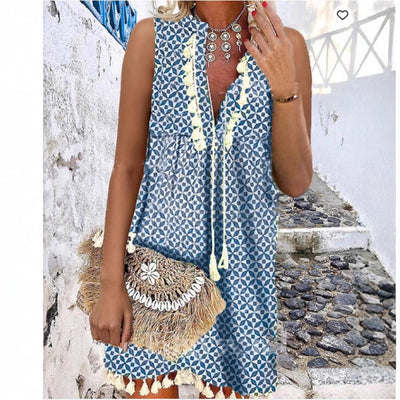 Floral Print Beach Dress with Fringe Accents