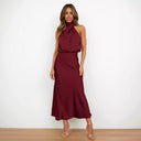 Chic Maxi Dress with Stand-Up Collar and Draped Design