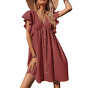 Chic Women's Summer Dress with Ruffle Accents and Button Closure