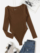 Women's Ribbed Long Sleeve Bodysuit with Deep U-Neck Design
