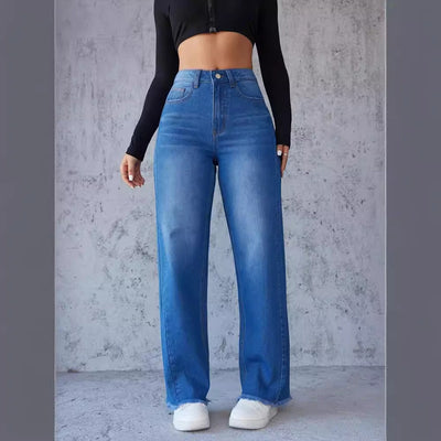 Trendy High-Waisted Mom Jeans with Frayed Hem