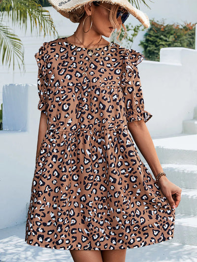 Chic Women's Ruffle Dress with Leopard Print Design