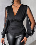 Chic Women’s Top with Sheer Puff Sleeves and Pearl Accents