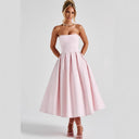 Chic Midi Dress with Flowy Skirt and Bandeau Neckline