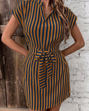 Striped Women's Short-Sleeve Wrap Dress with Waist Belt