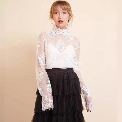 Ladies Sheer Lace-Detail Blouse