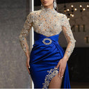 Chic Evening Dress with Lace Appliqués & High Slit