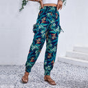 Tropical Print Cargo Pants for Women with Elastic Waistband