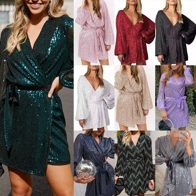 Chic Wrap Dress with Deep V-Neck & Flowy Sleeves