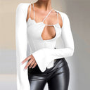 Chic Women's Bodysuit with Deep V-Neck and Flared Sleeves