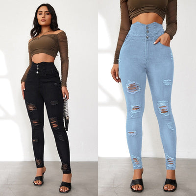 Trendy Women's High-Waist Ripped Jeans with Button Accents
