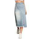Women's Asymmetrical Denim Midi Skirt with Frayed Hem