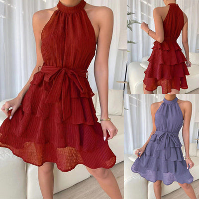 Chic Women's High-Neck Ruffle Dress with Belt