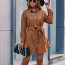 Chic Lace-Trimmed Women's Shirt Dress with Adjustable Belt