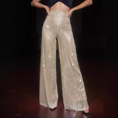 Chic Glitter Stripe Maxi Pants with Wide Leg