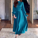 Chic Evening Dress with Puff Sleeves and High Collar
